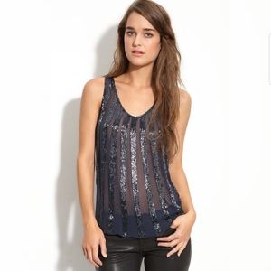 Joie Marietta Beaded Sheer Striped Blue Silk Tank Small